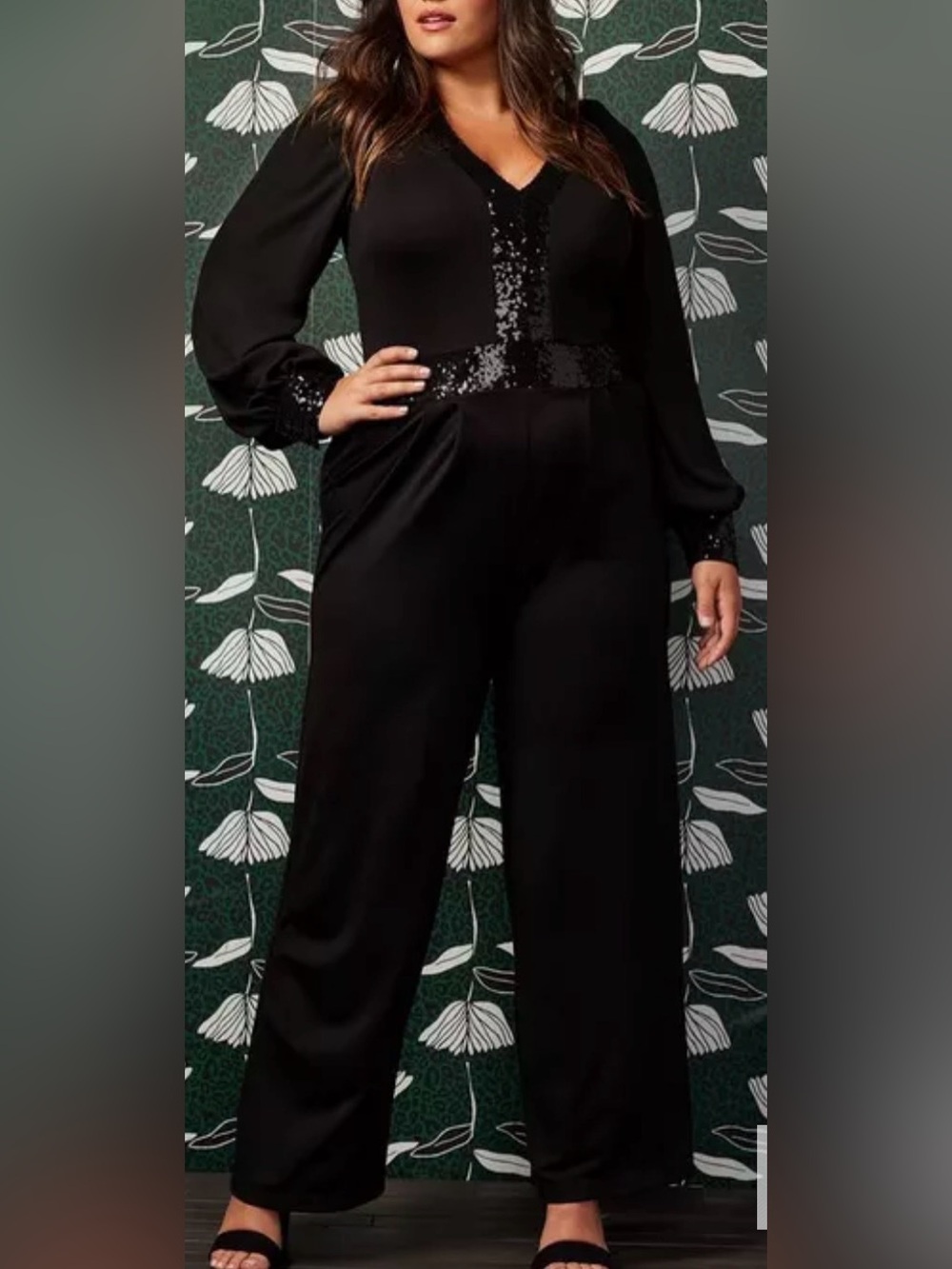 Torrid Sylvia Mollie Jumpsuit Ponte Sequin Trim Black Long Sleeved Size 16 NWT
